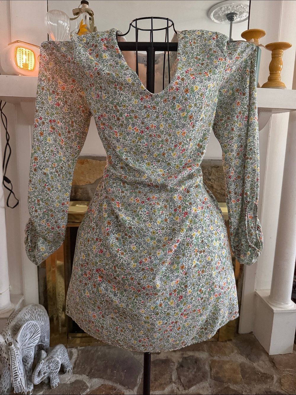 Floral V-Neck Puff-Sleeve Mini Dress in Green Multi